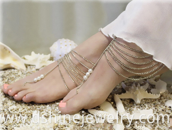 White Pearl Multi Chain Tassel Anklet